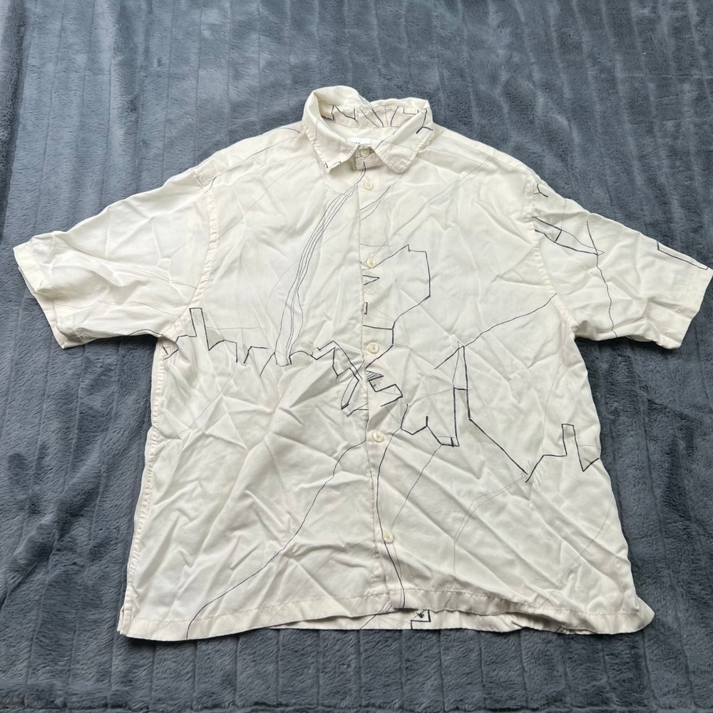 Zara Mens Abstract Line Graphic Short Sleeve Lyocell Button Down Shirt Cream L